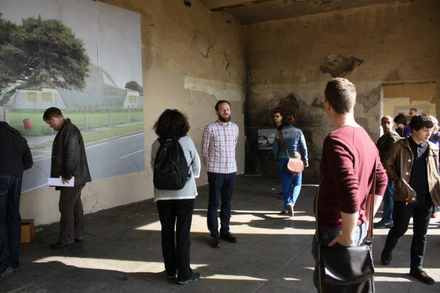 Adam Murray led a tour group around the Preston is my Paris, Four Versions of Three Routes exhibition.