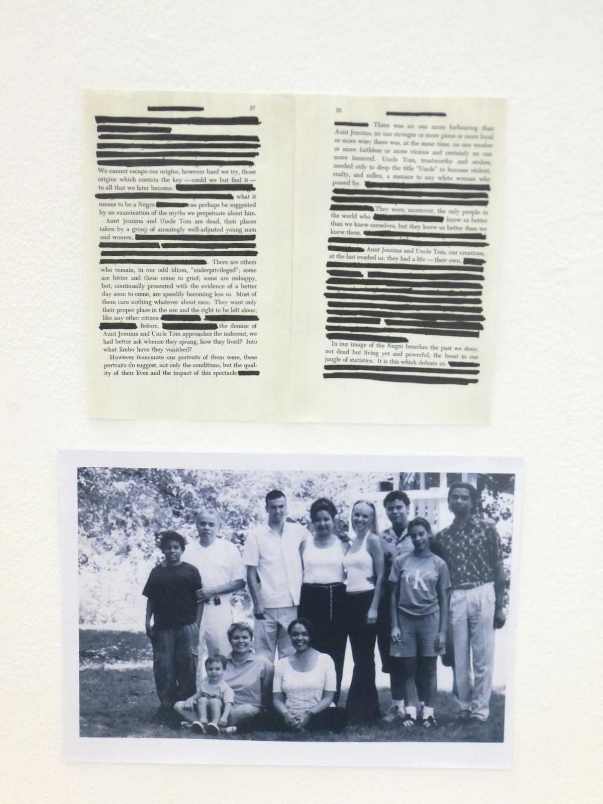 Jamie Bradbury, Scanned excerpt text from James Baldwin with marker and archival found photos from the installation, Between Camps, 2012-13.
