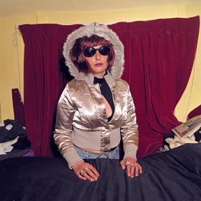 Anna Fox, Pictures of Linda, woman in coat, coat, curtain, yellow room, sunglasses