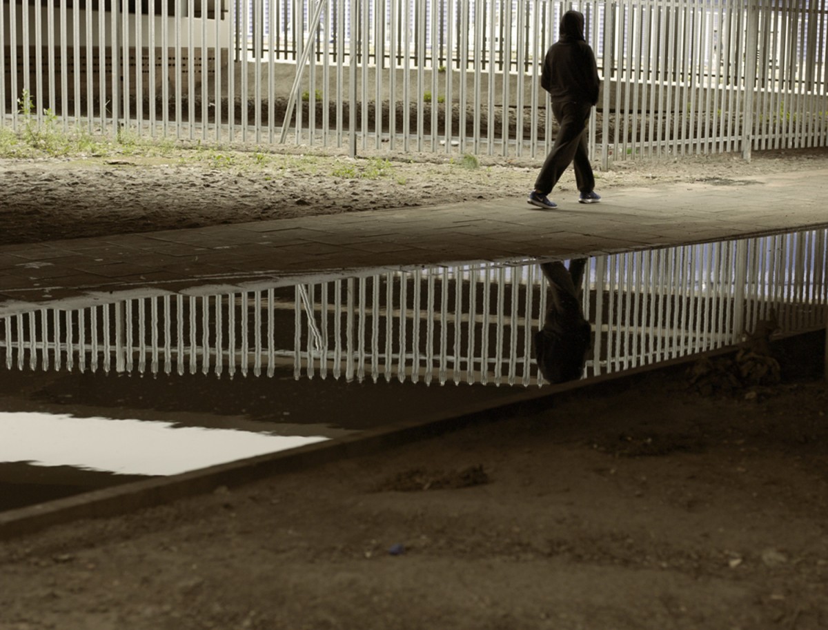 reflection, fence, man, walking,