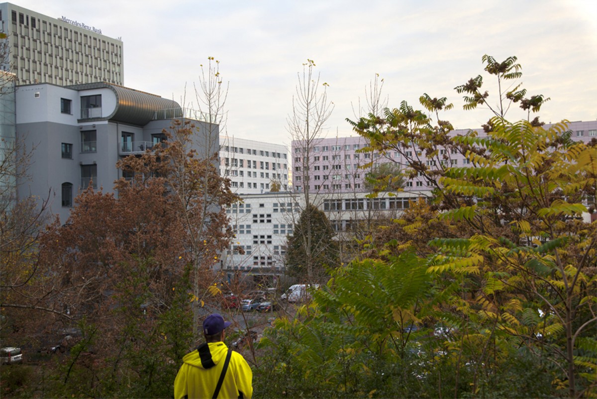 buildings, man, trees, sky