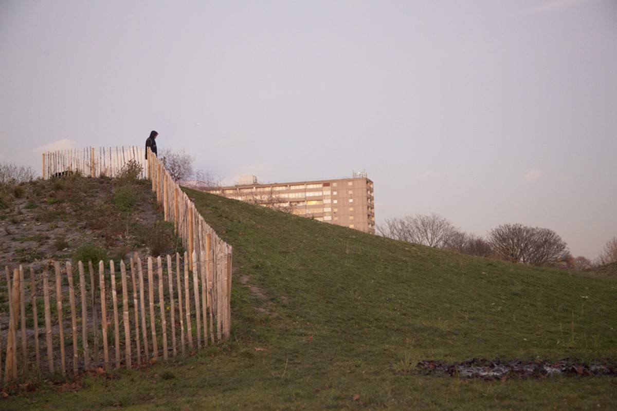 hill, buildings, man, fence