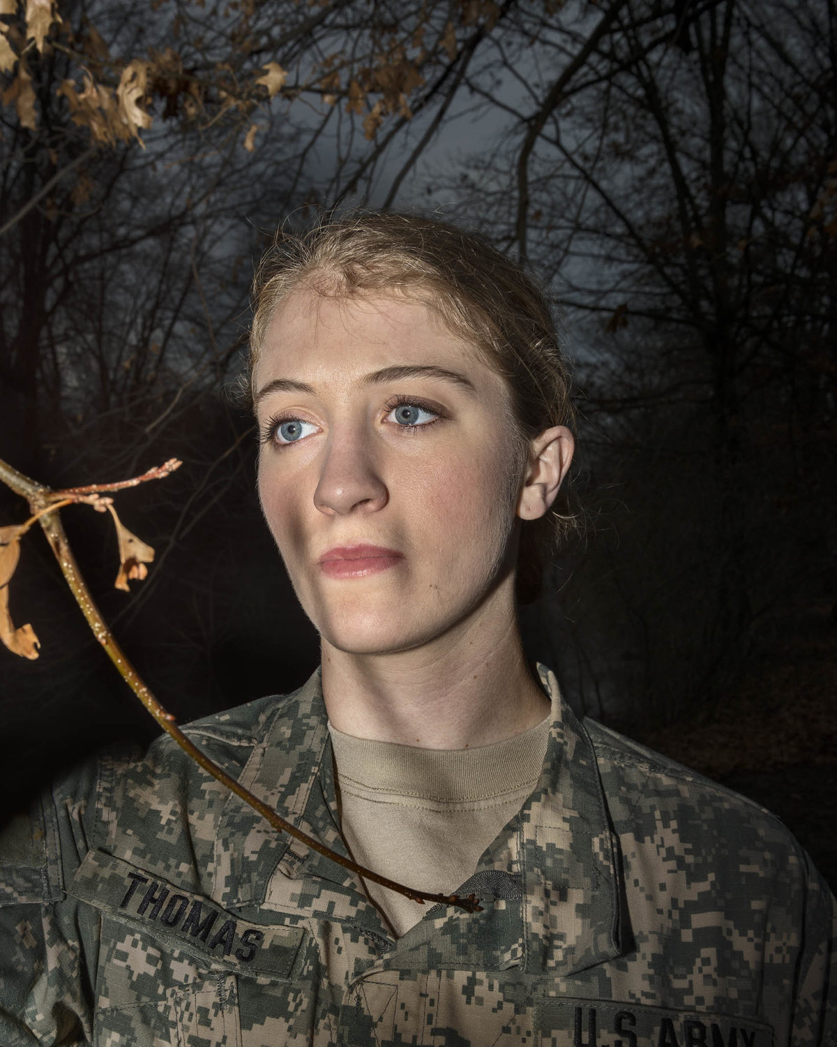 Woman, camouflage, uniform, trees